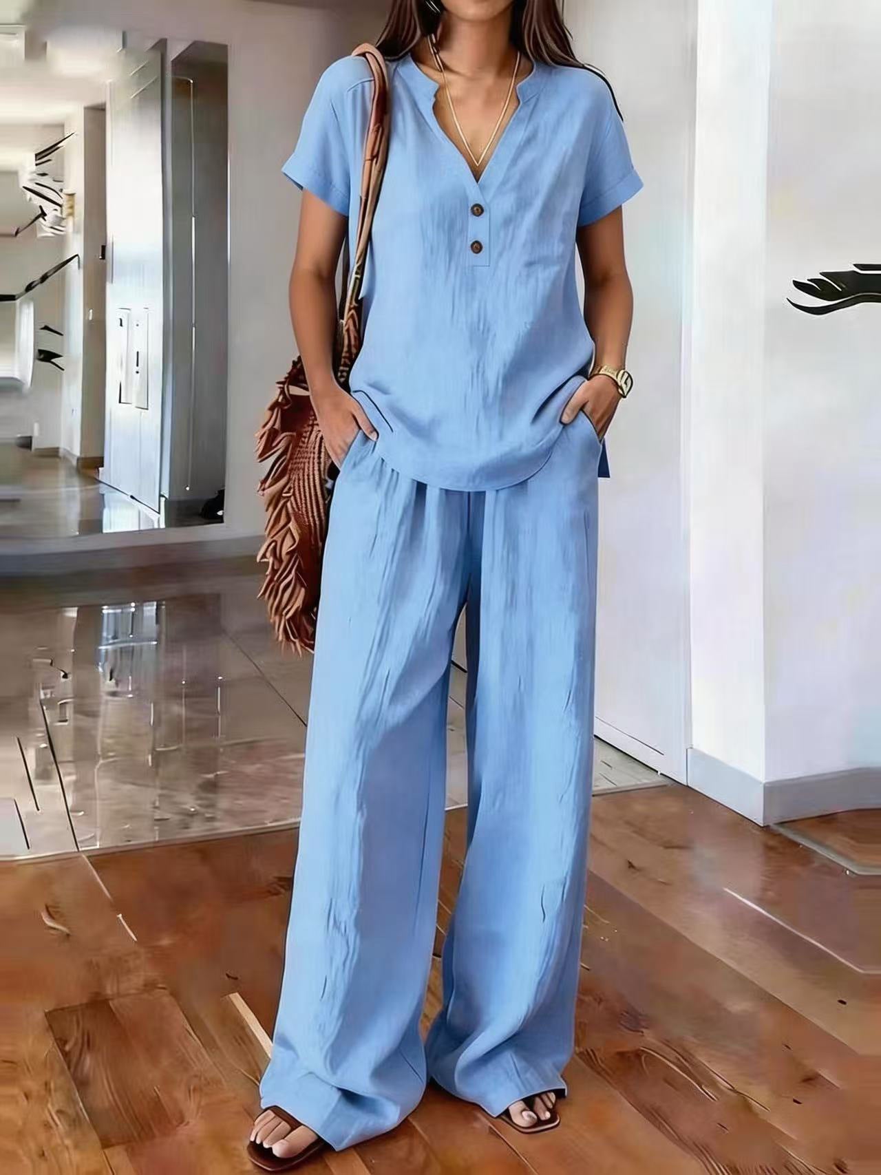 Casual Solid-Colored Cotton And Linen Set