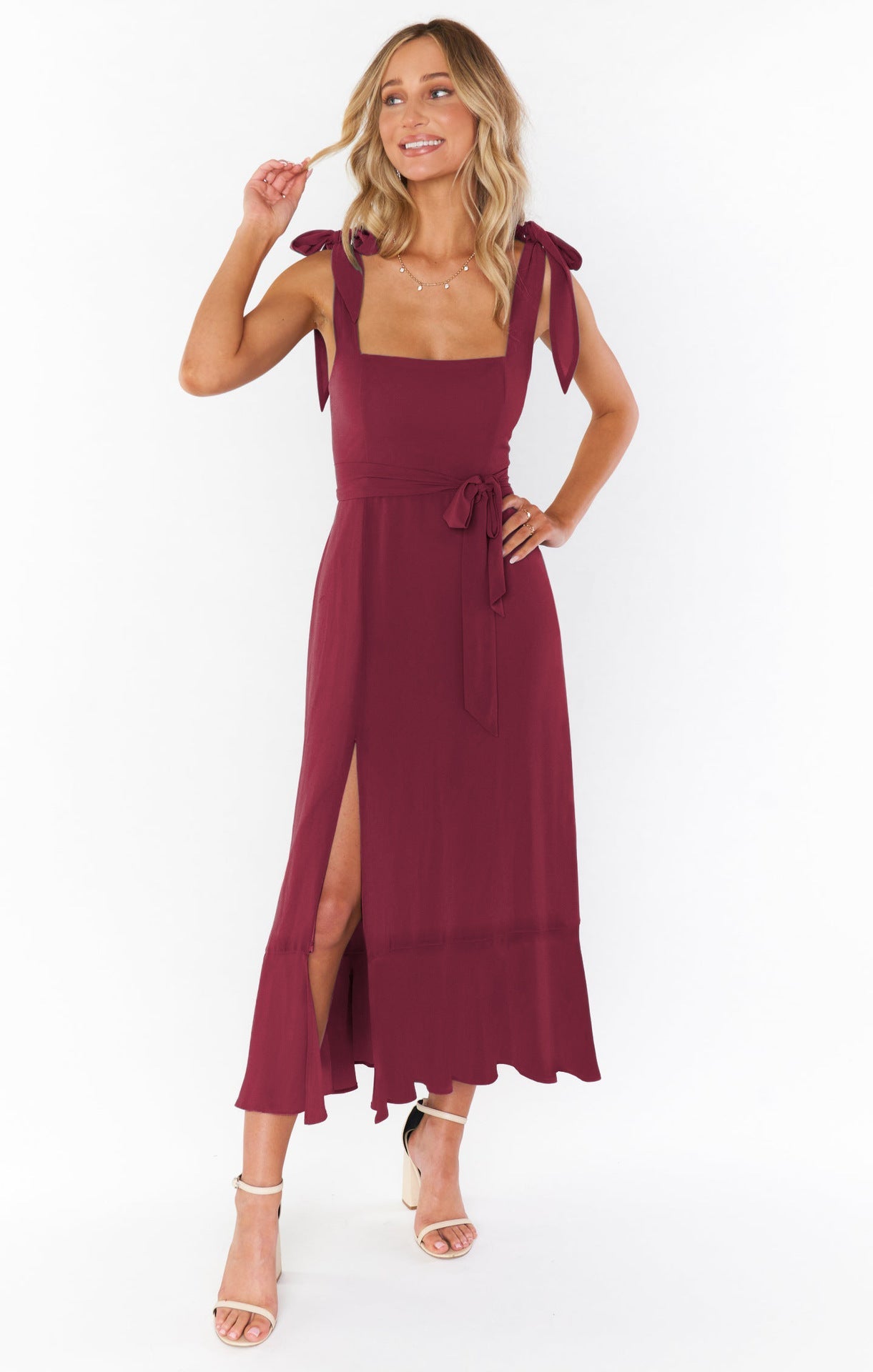 Dresses Elegant Bridesmaid Square Neck Ruffle Split Midi Formal Dress For Wedding Guest Cocktail Party