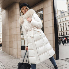 Slim Long Jacket With Fur Hood And Belt Solid Hooded Coat Warm Clothing For Women