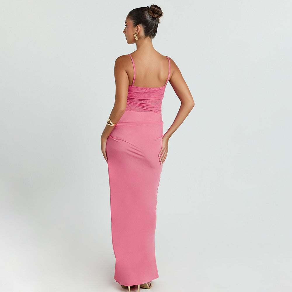 Chic Strapless Lace-Patchwork Evening Gown Long Street-Style Slim-Fit Slip Dress With Open Back