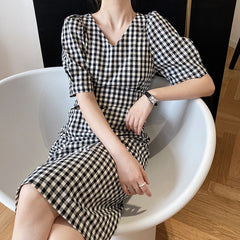 French Vintage Cotton Linen Black And White Plaid Dress