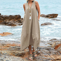 Cotton And Linen V-neck Pocket Casual Dress
