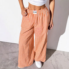 Style Cotton Plaid Loose Casual Pants With Pockets