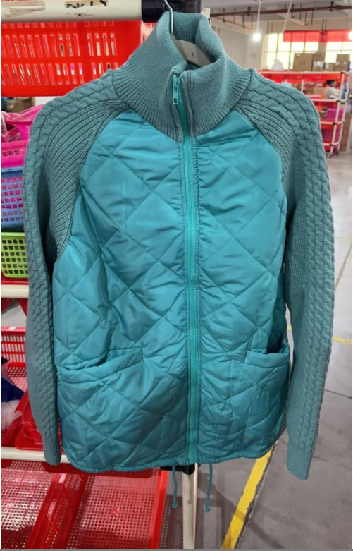Stand Collar Cotton Jacket With Pockets Knitted Stitching Zipper Coat Warm Tops For Clothing