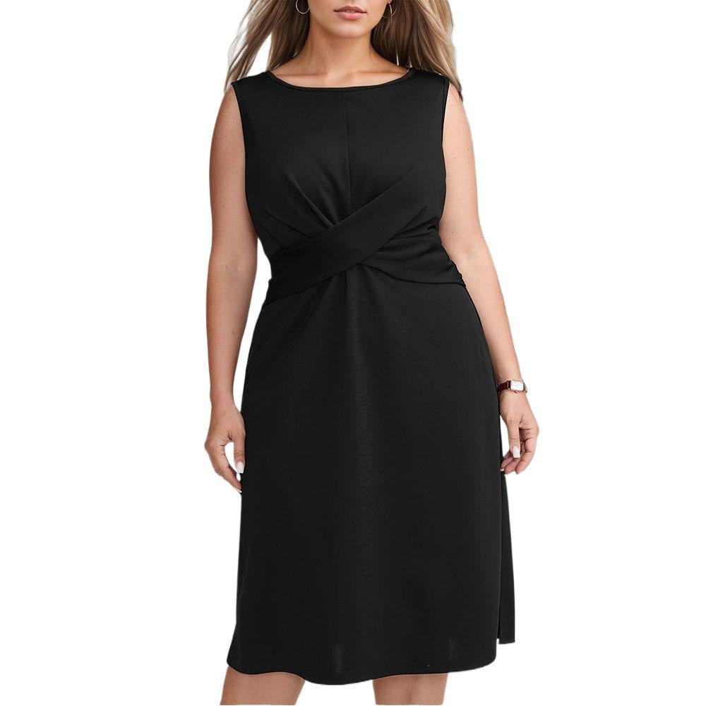 Sleeveless Cross-Collared Waist-Cinching Black Elegant Commuter Midi Dress