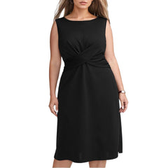 Sleeveless Cross-Collared Waist-Cinching Black Elegant Commuter Midi Dress