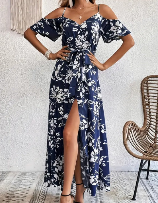 Flower Print Split Suspender Dress With Lace-up Design Long Dresses Beach Clothing For Women