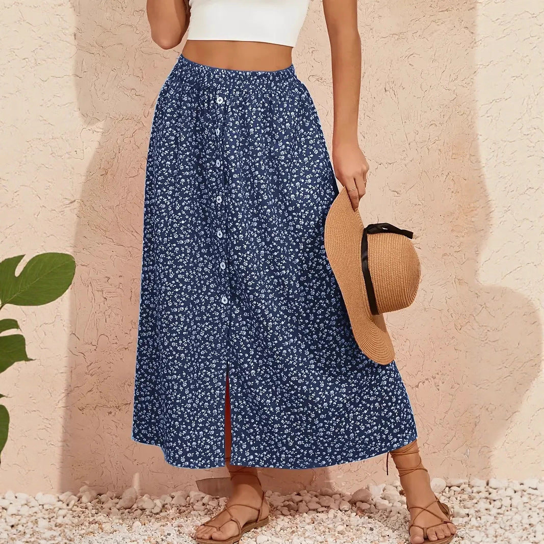 Printed Breasted Self-tie Pastoral A- Line Skirt Advanced Skirt