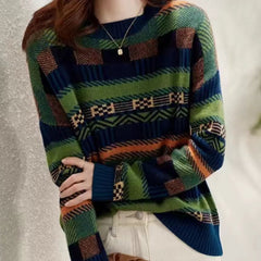 Round Neck Green Loose Striped Sweater For Women