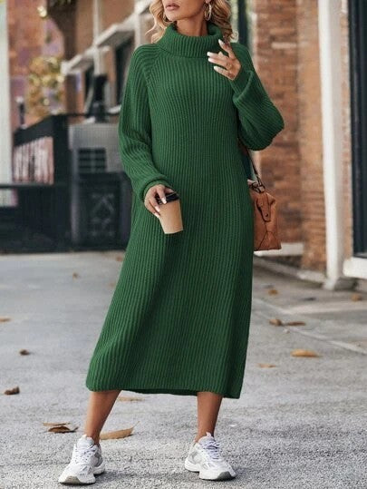 Turtleneck Knitted Sweater Dress Solid Loose Pullover Long Dresses For Clothing