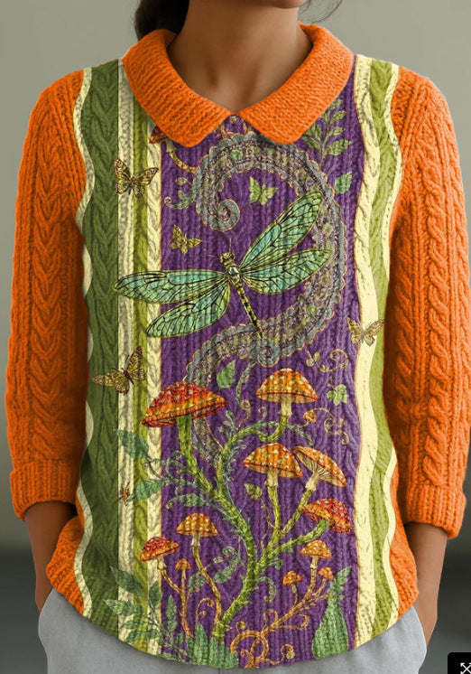 And Doll Collar Knitted Jacquard Fabric French Retro Printed Top