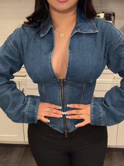 Denim Collar Solid Corset Zipper Jacket