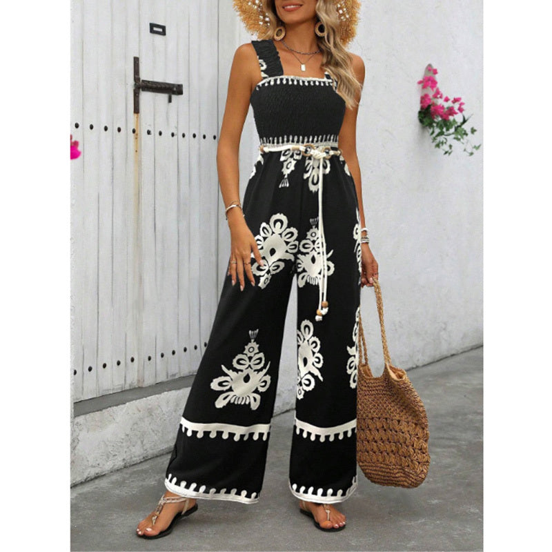 Boho Jumpsuits One Piece Beach Vacation Outfits Shirred Strap Wide Leg Pants Rompers With Pockets