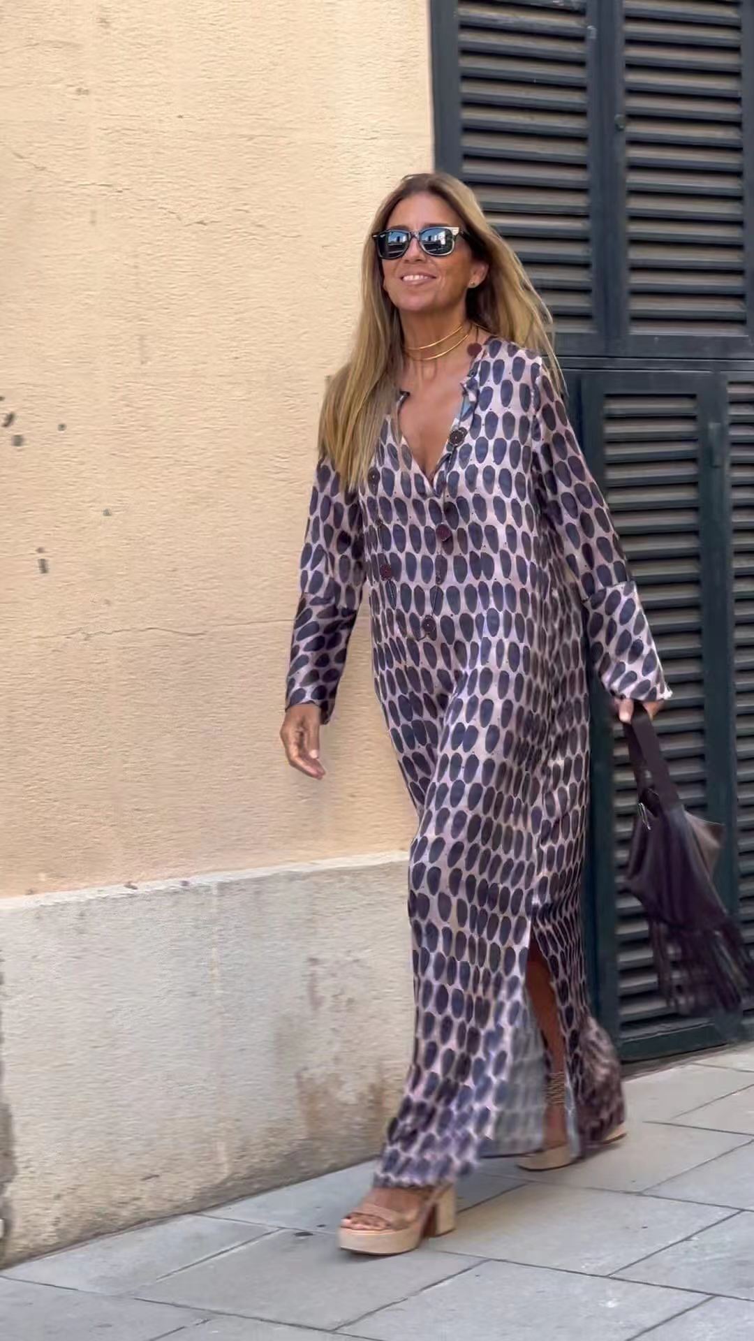 Geometric Printed V-neck Long Dress Long Sleeve Slit Dresses For Women