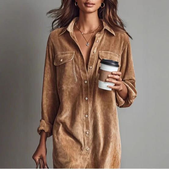 Turn-Down Collar Buttons Chic Casual Dress, Spring Solid Simple Party Dress, Long Sleeve Holiday Ladies Dress