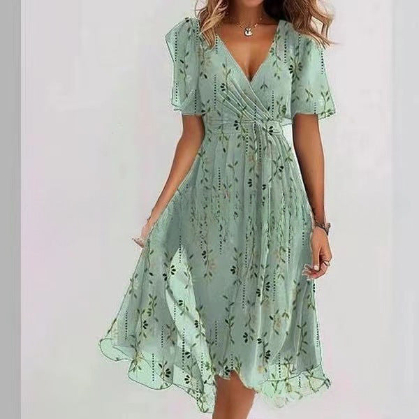 Flowers Printed V-neck Dress A-line Short-sleeved Dresses For Women