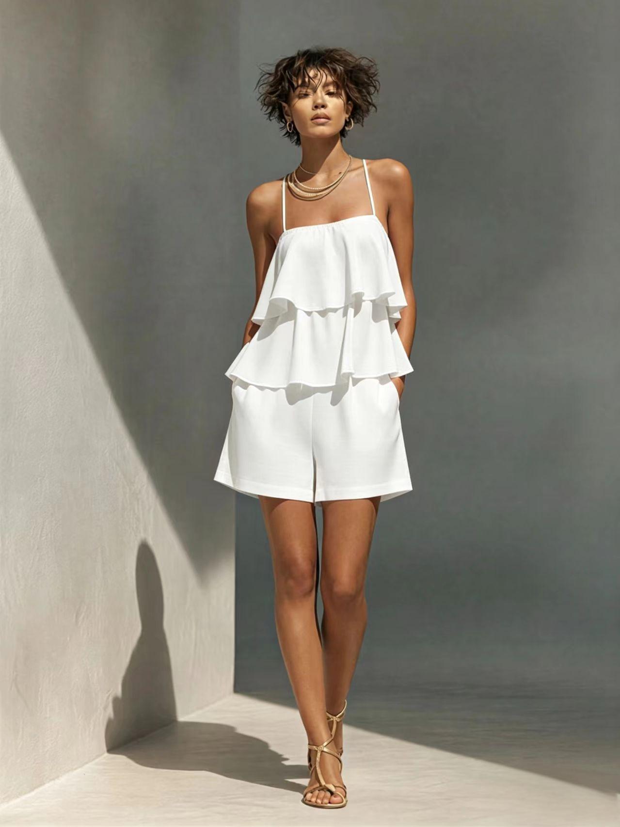 Multi-layer Ruffle Loose Camisole And Shorts Set