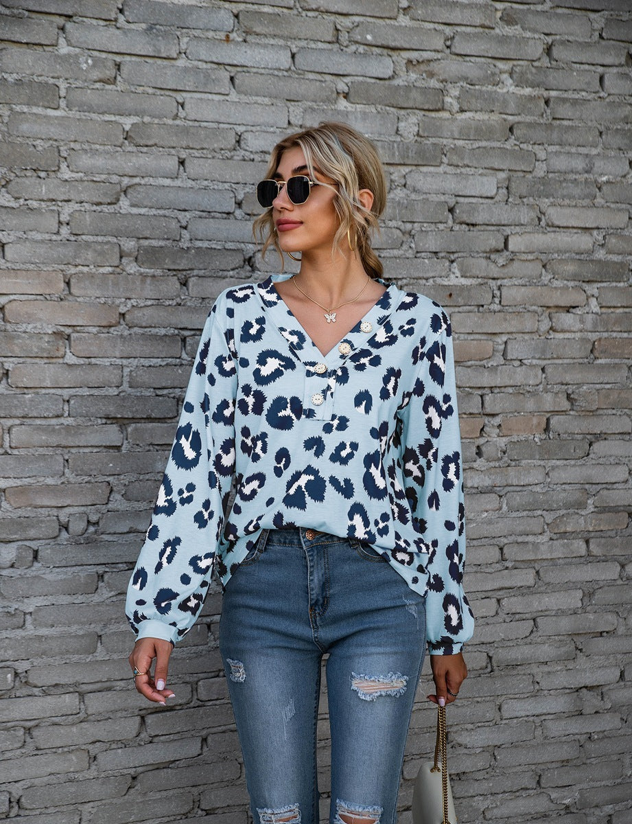 Leopard Print V-neck T-shirt Loose Long Sleeve Tops For Clothing