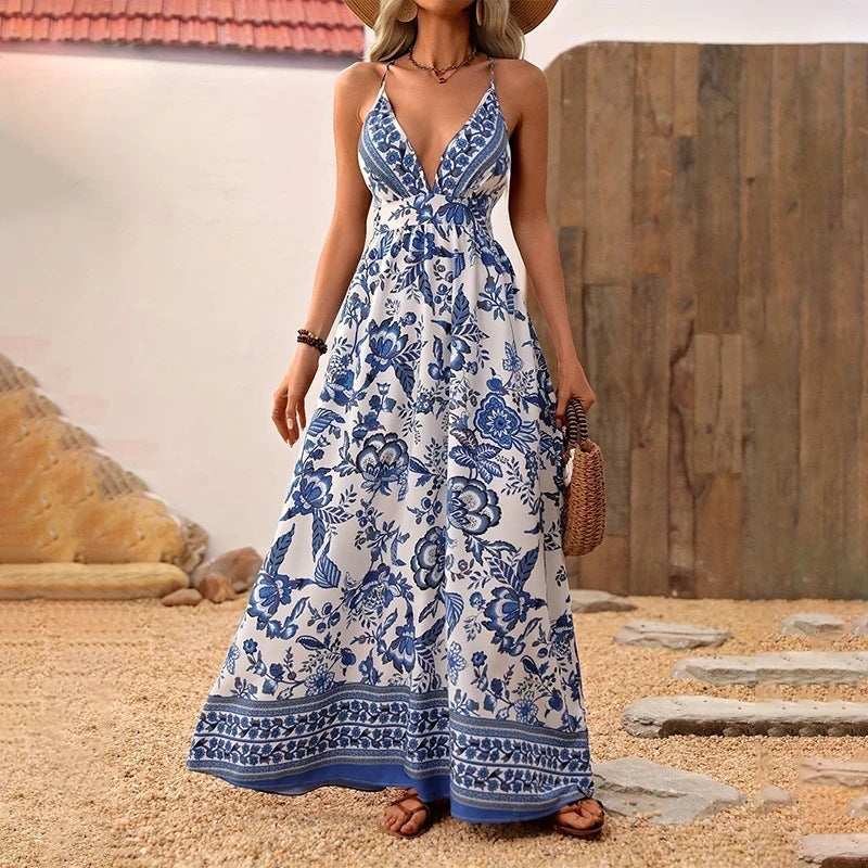 V-Neck Strappy Floral Print Backless Maxi Dress, A-Line Vacation Dress