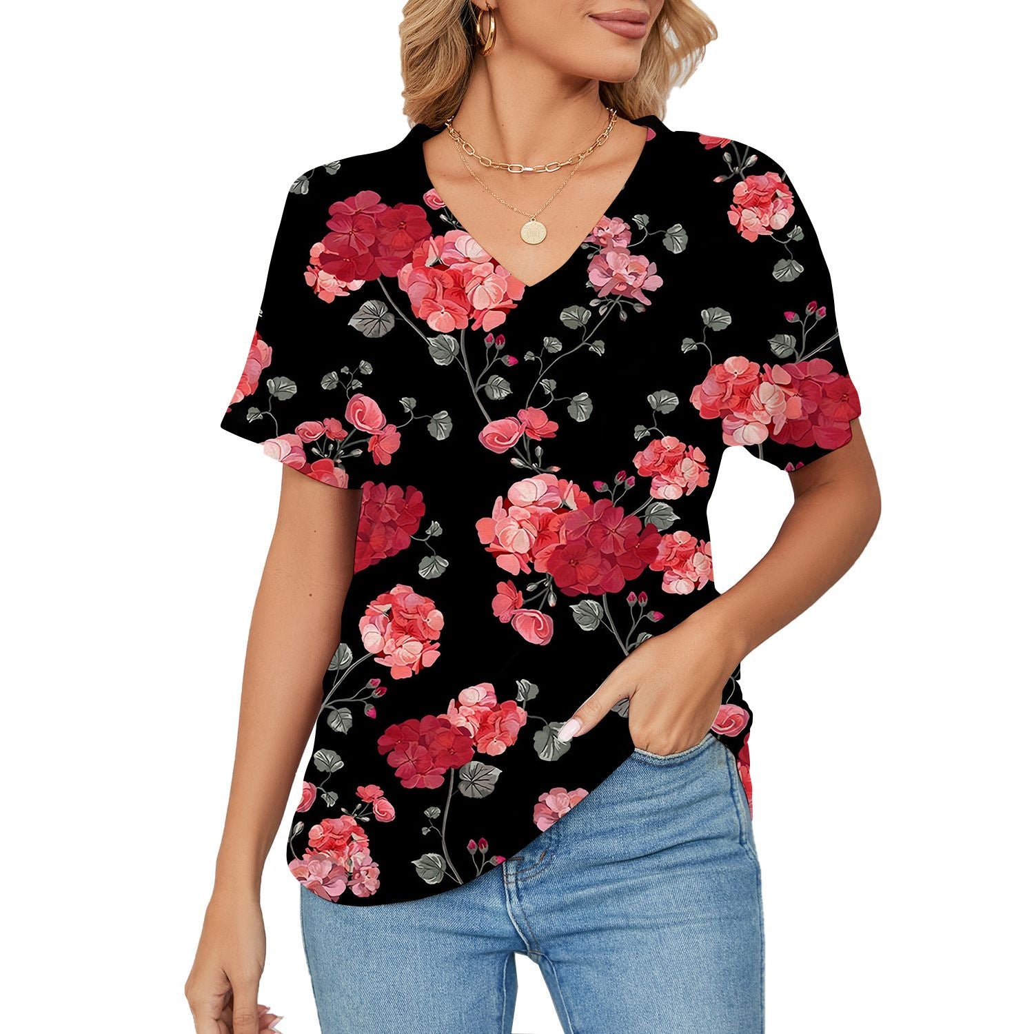 T-shirt, Natural Plant And Floral Print, Casual V-neck Short Sleeves