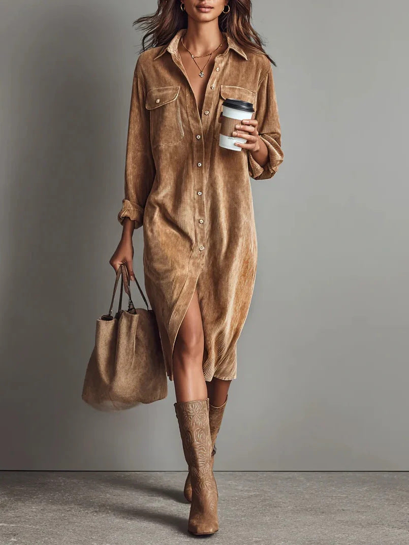 Turn-Down Collar Buttons Chic Casual Dress, Spring Solid Simple Party Dress, Long Sleeve Holiday Ladies Dress