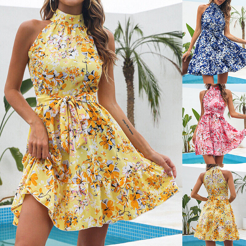 Flowers Print Halterneck Dress Temperament Lace-up Ruffled Dresses For Women