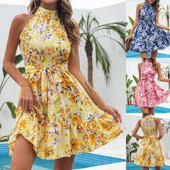 Flowers Print Halterneck Dress Temperament Lace-up Ruffled Dresses For Women