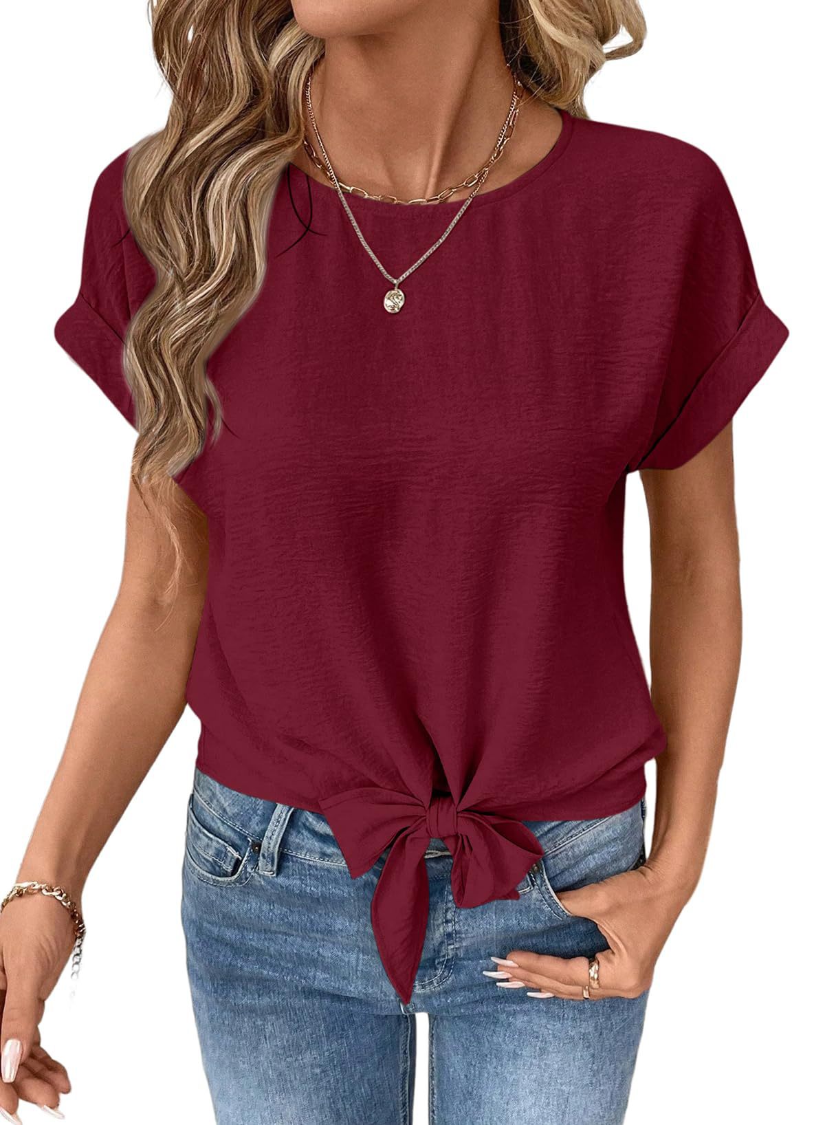 Bow-tied Hem Short-sleeve Shirt Round-neck Pullover