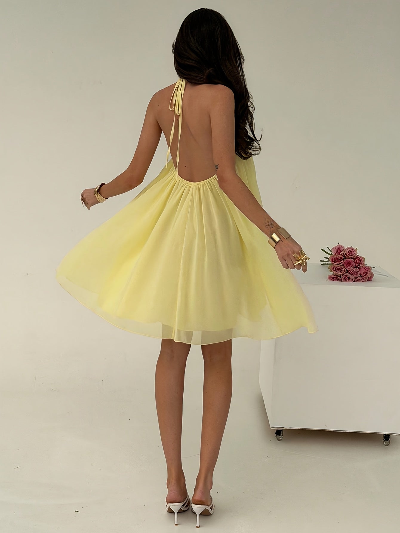 Solid Color Metal Decorated Backless Strap Mini Dress Suitable For Going Out And Dating