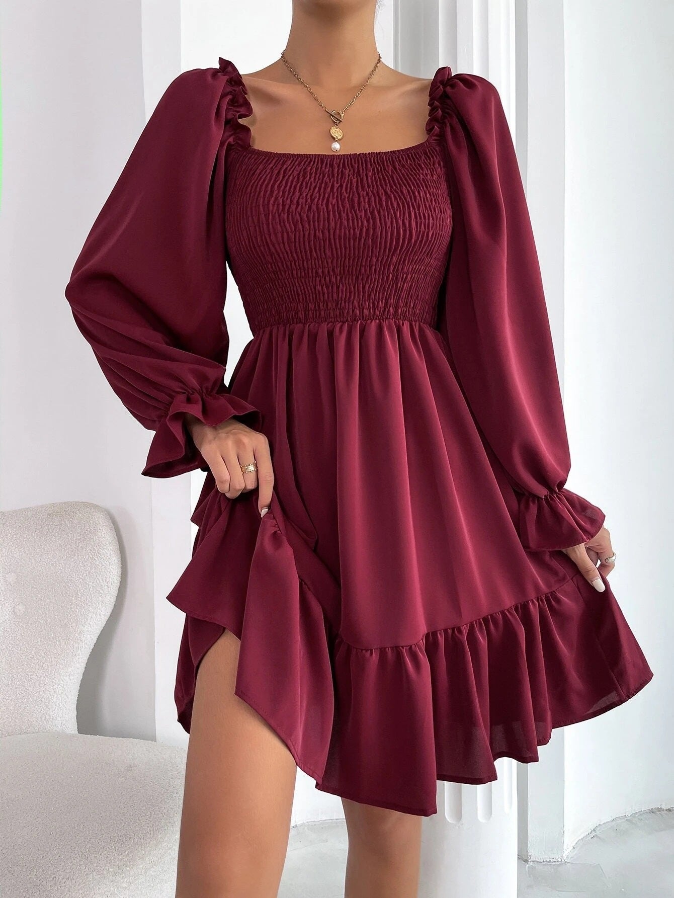 Flared Long Sleeve Dresses Square Neck Ruffled Swing Dress