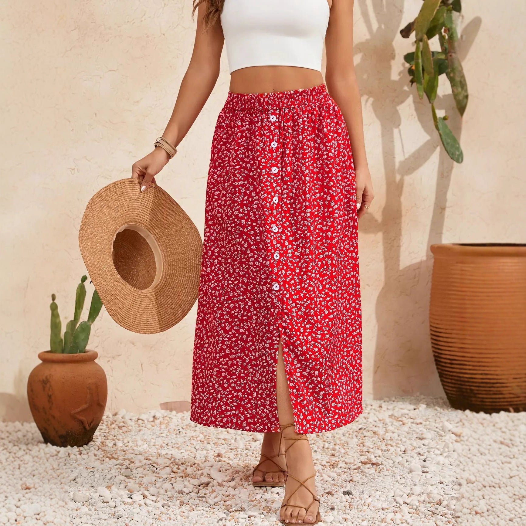 Printed Breasted Self-tie Pastoral A- Line Skirt Advanced Skirt