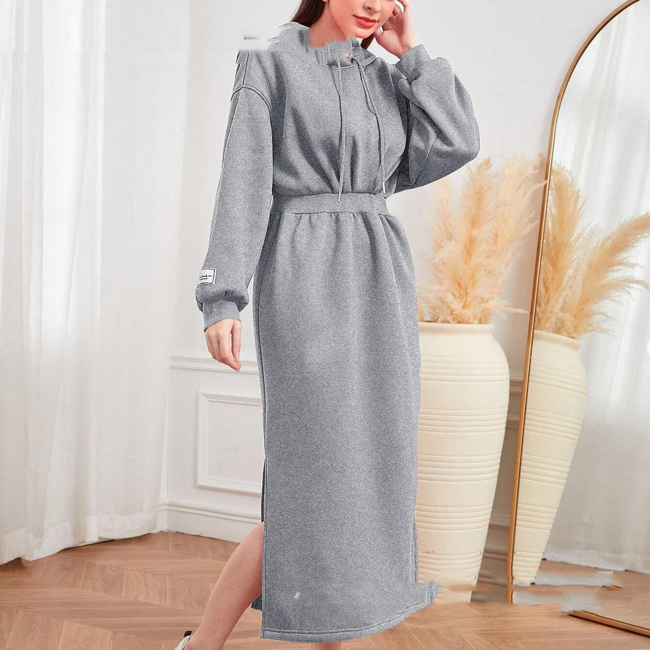 Slit Drawstring Mid-length Sweater Dress