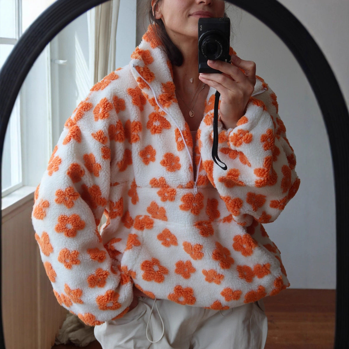Flowers Lambskin Sweatshirt With Big Pocket Casual Loose Zip-up Lapel Pullover Top Clothing