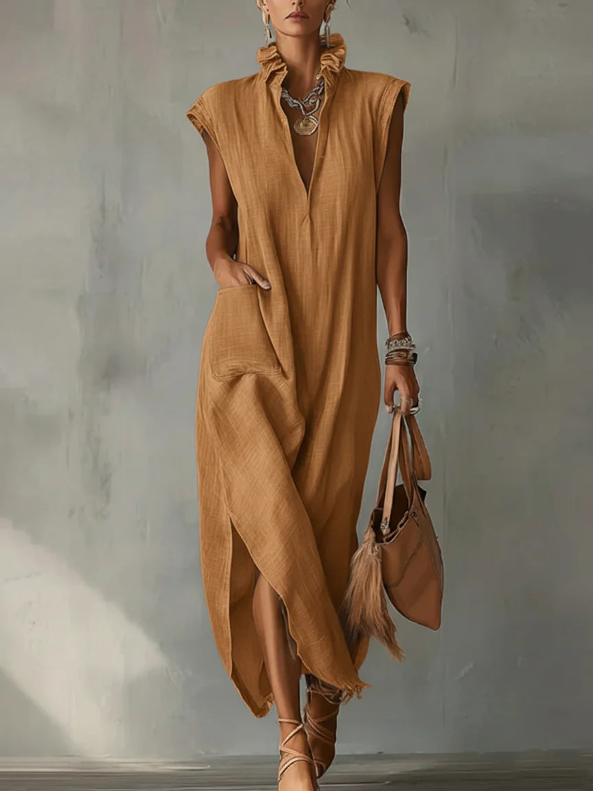 Cotton-Linen Sleeveless Solid-Color Dress