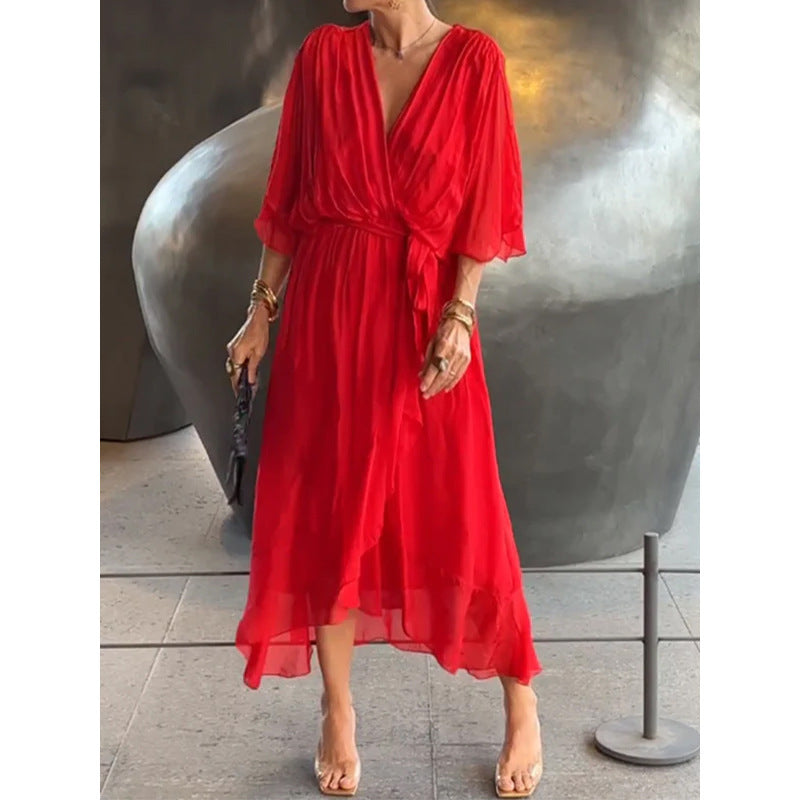 Batwing Sleeve V-neck Dress Pure Color Tied Irregular Long Dresses Womens Clothing