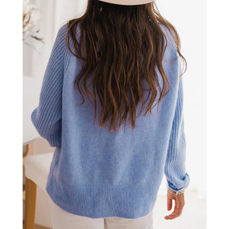 Milk Blue Bedford Cord Sweater Round-collar Long-sleeve Knitwear Casual Clothing Knit Top Outerwear