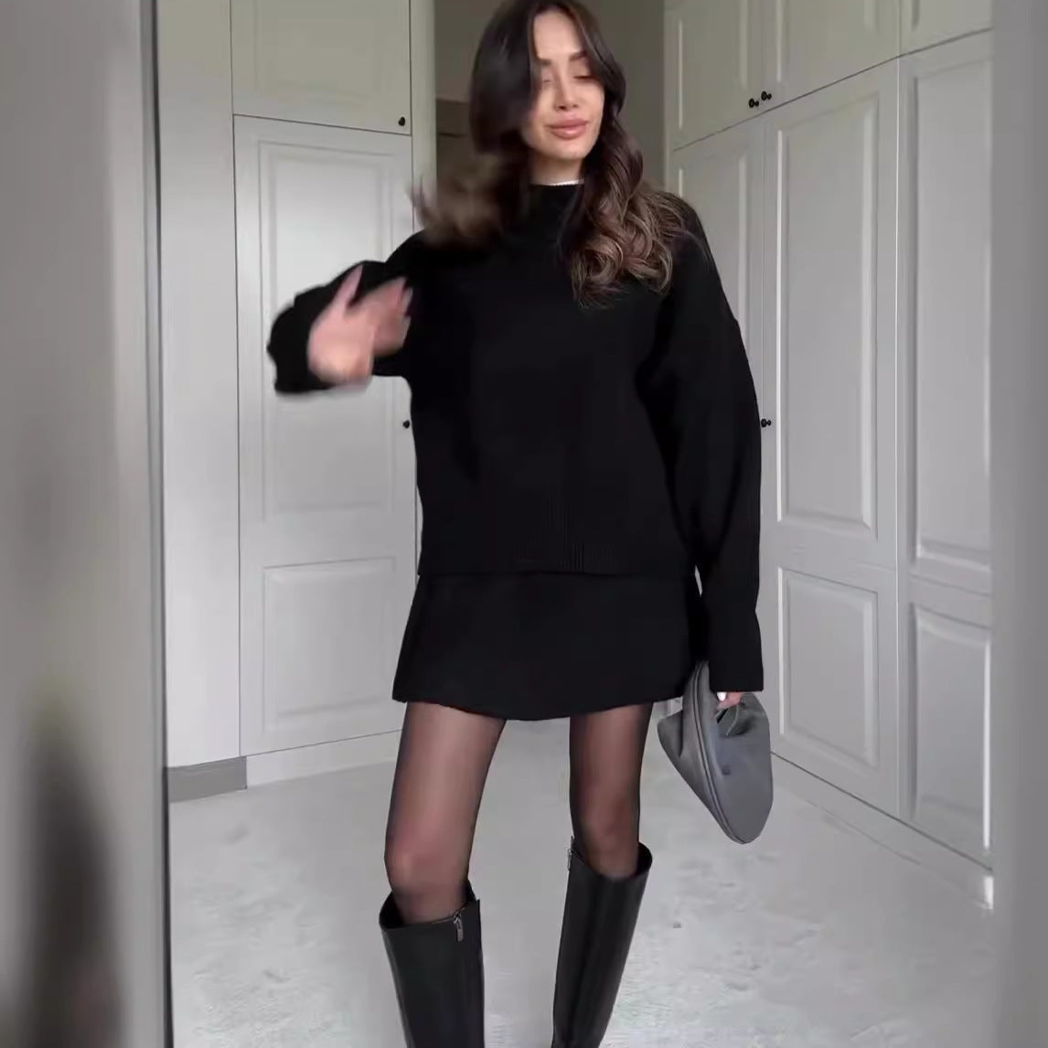Sweater Skirt Sets For 2 Pieces Knit Casual Versatile Long Sleeve Pullover Elegant Solid High Waist Mini Skirt Outfit