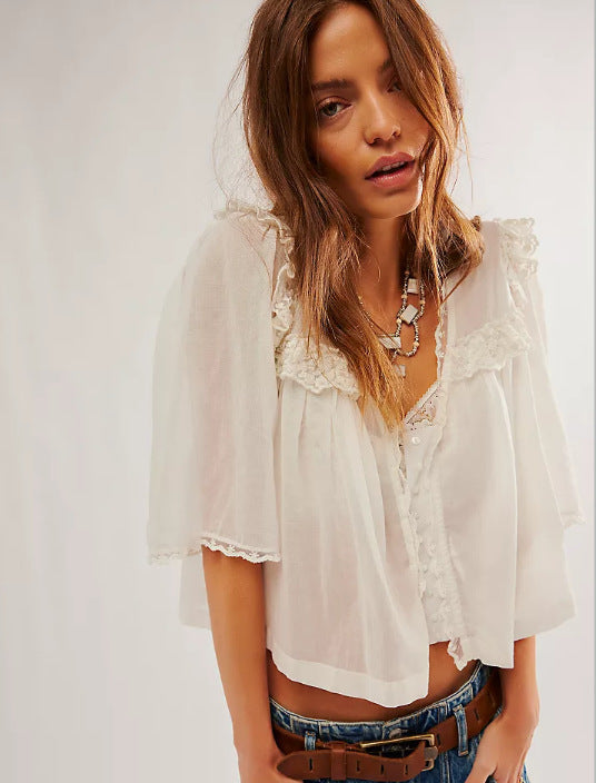 Lace-trimmed Collar Loose-fitting Pleated Top For Women