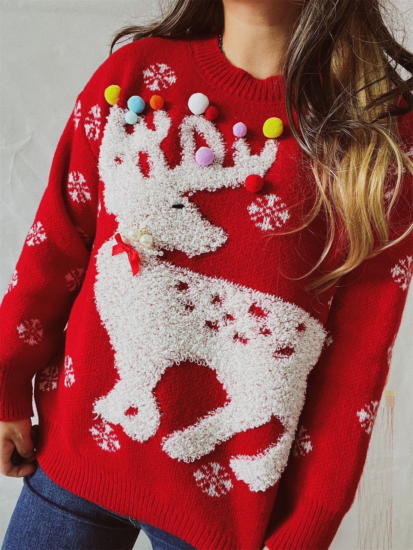 Elk Flocking Jacquard Handmade Pearl Colorful Ball Decorative Knitted Christmas Sweater