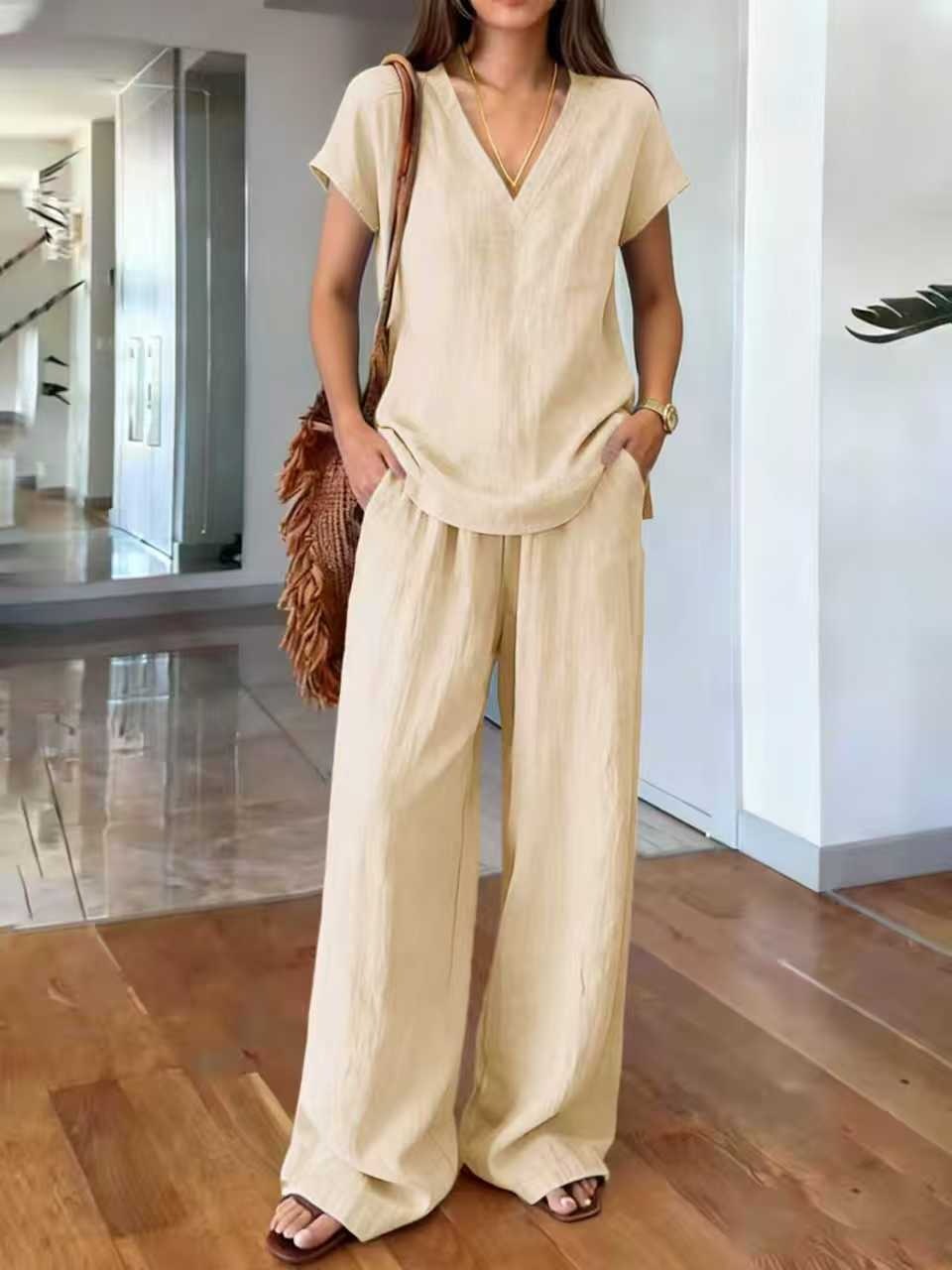 V-neck Short-sleeve T-shirt And Wide-leg Pants Womens Suit