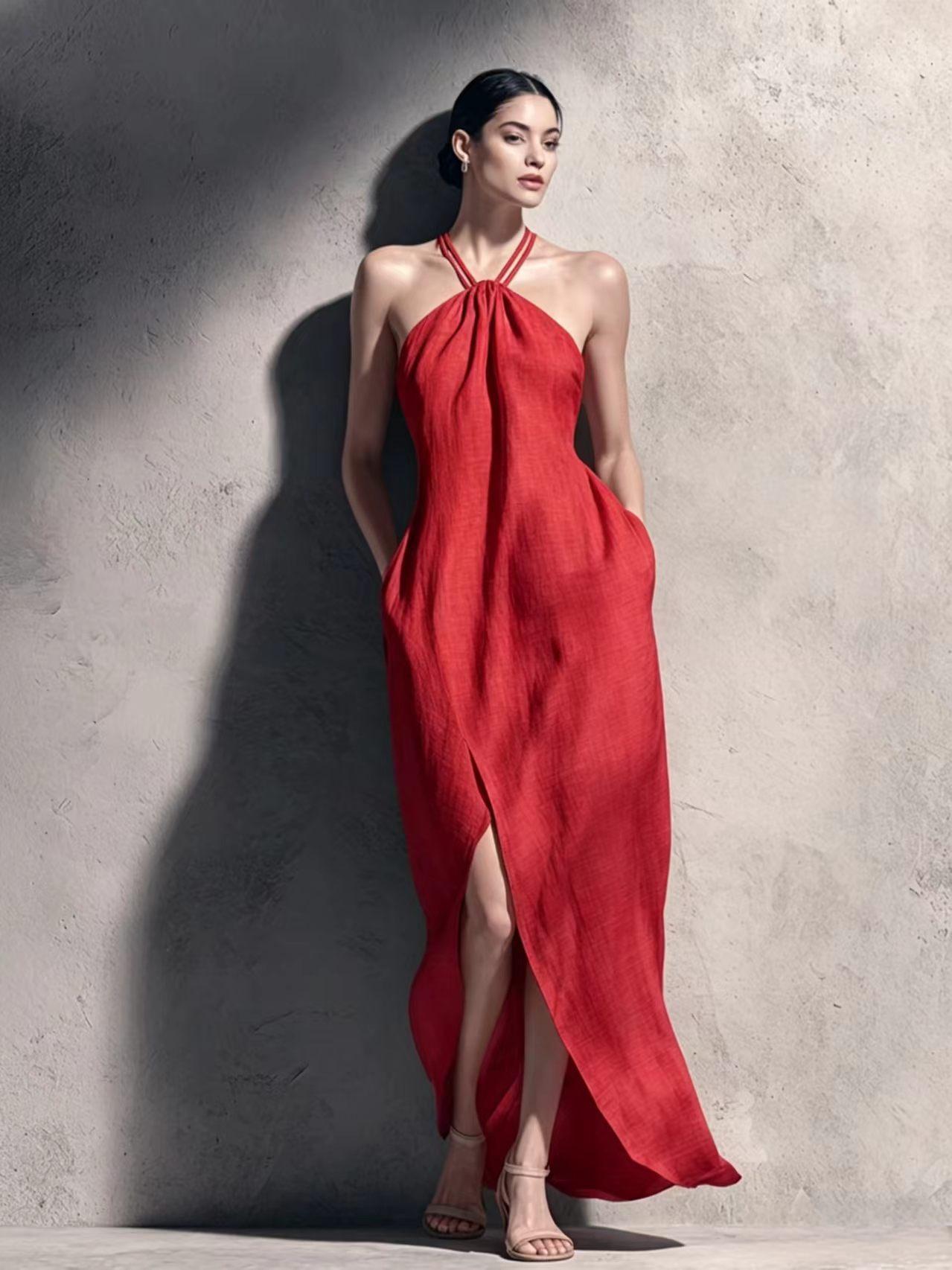 Womens Cinched Waist Side-Slit Halter Dress
