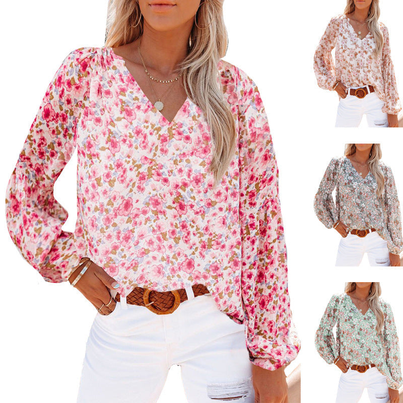 Lantern Sleeve Shirt Floral Print Chiffon Shirt