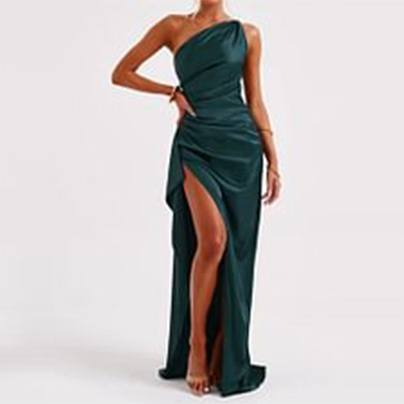 One-shoulder Backless Slit Dress Elegant Slim-fit Solid Color Satin Dresses For Women