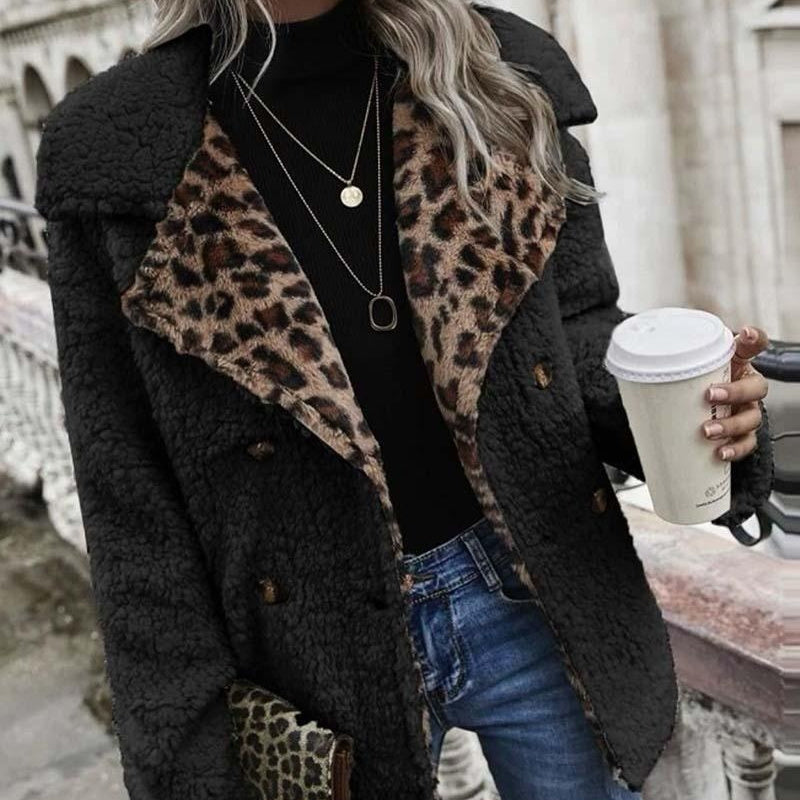 Clothing Leopard Splicing Plush Long Sleeve Coat