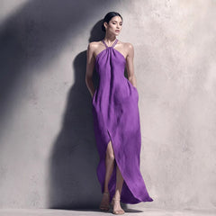 Womens Cinched Waist Side-Slit Halter Dress