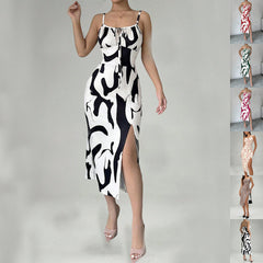 Printed Suspender Split Dress Slim Lace-up Long Dresses For Clothing