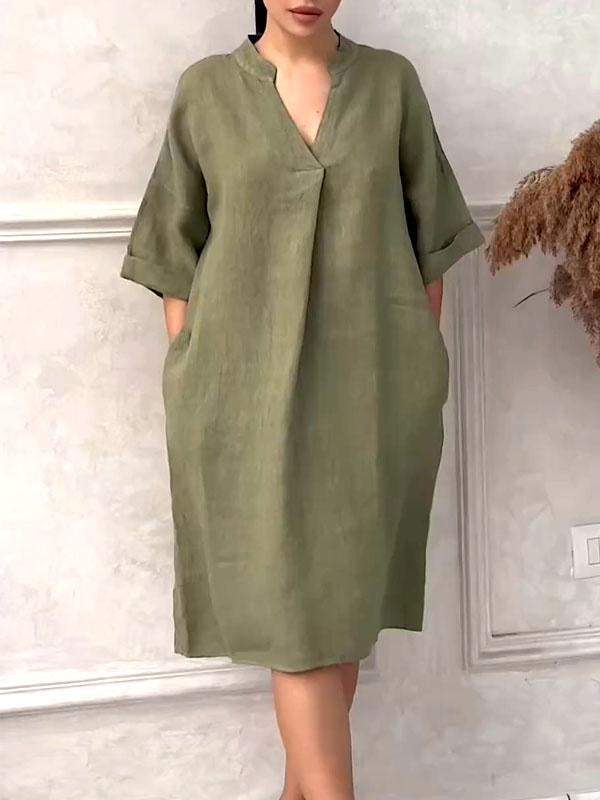 Cotton Linen V-neck Loose Plus Size Dress