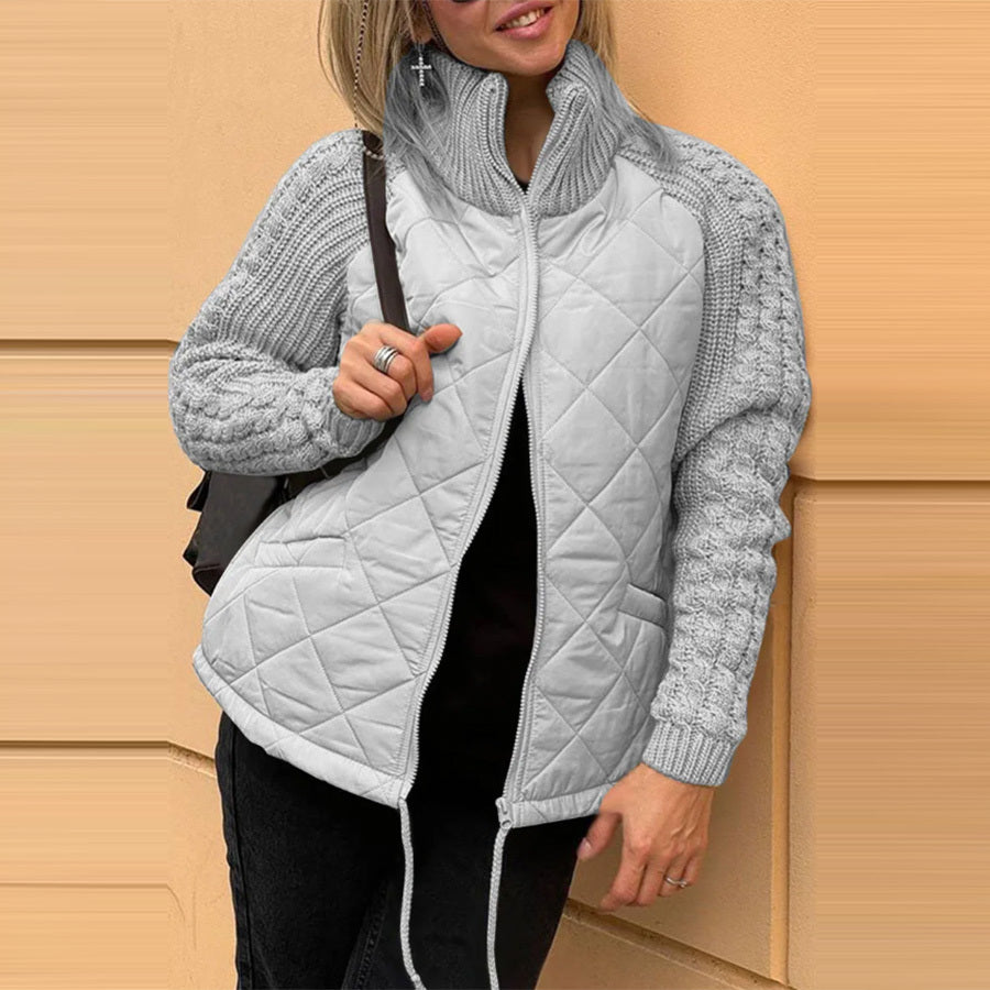 Stand Collar Cotton Jacket With Pockets Knitted Stitching Zipper Coat Warm Tops For Clothing