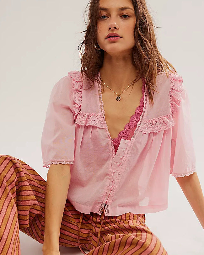 Lace-trimmed Collar Loose-fitting Pleated Top For Women