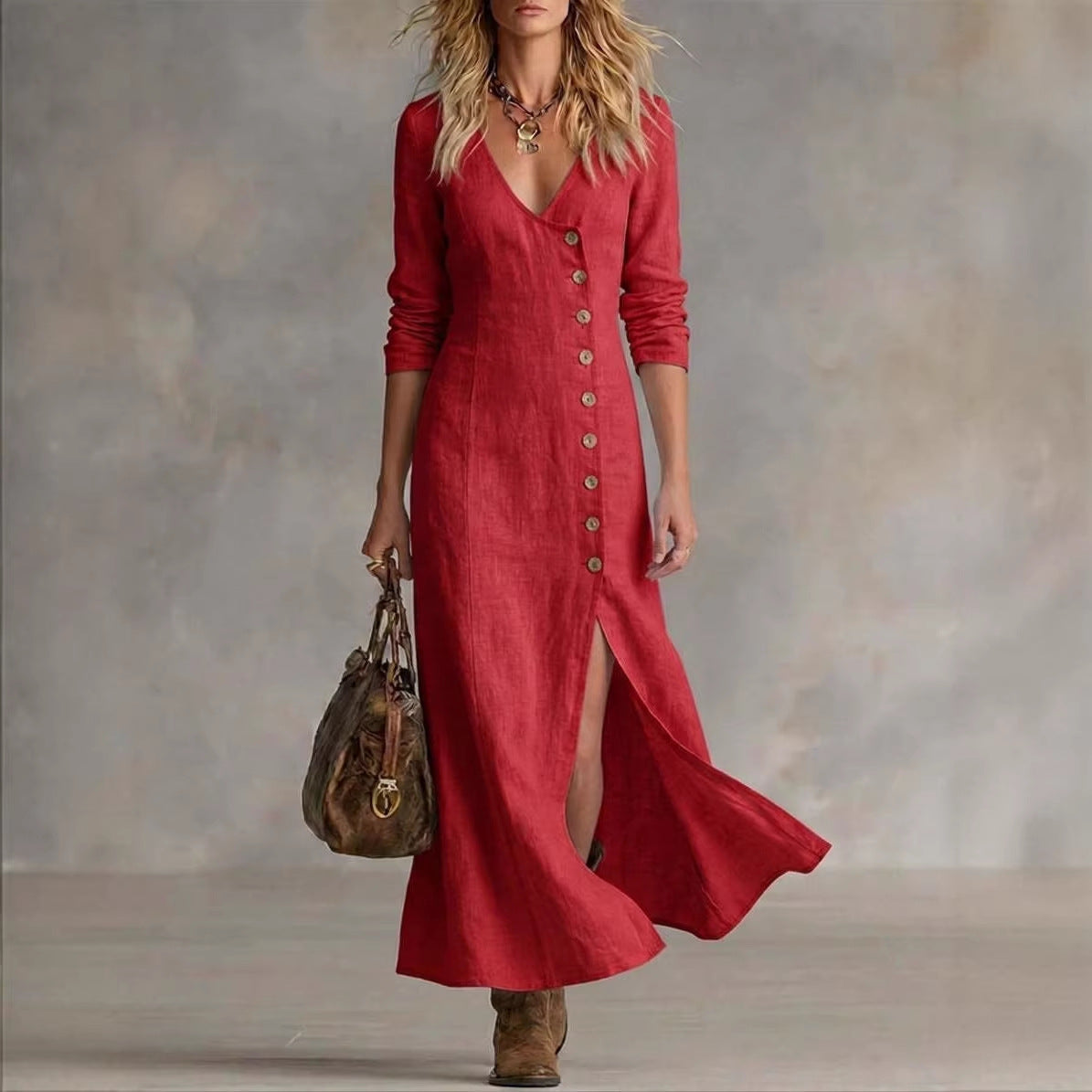 Casual Cotton-Linen Long-Sleeve Womens Dress
